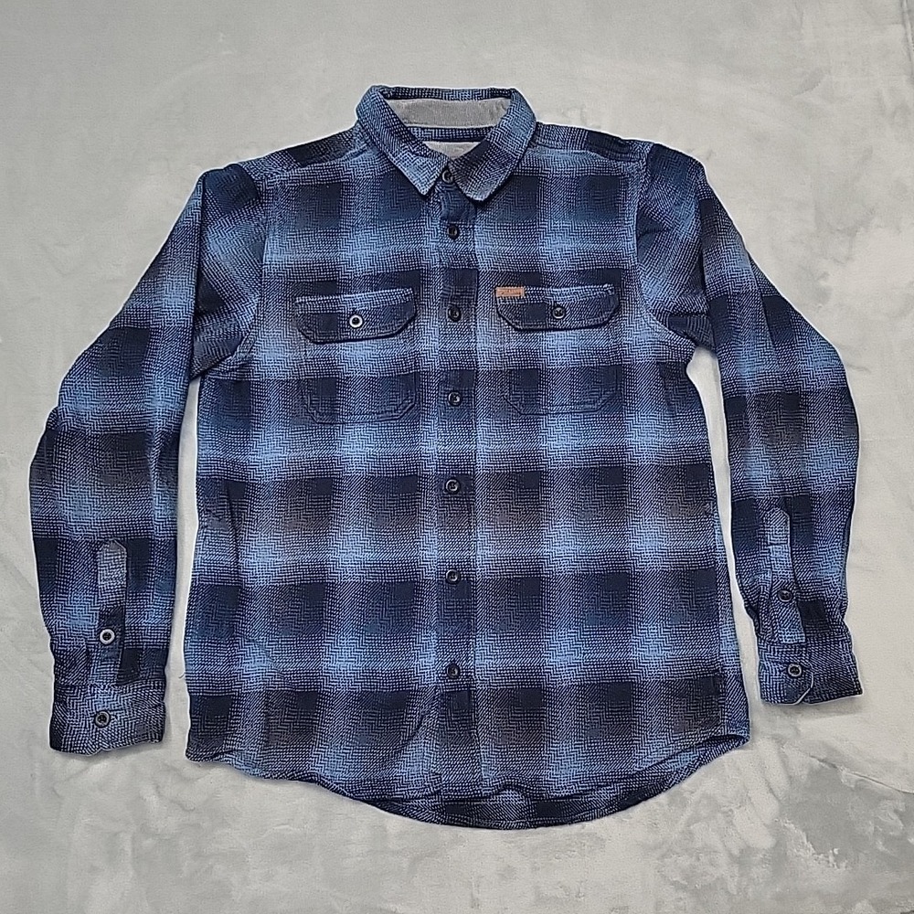 Orvis Shacket Men Medium Blue Plaid Button Down Flannel Cotton Long Sleeve Shirt
